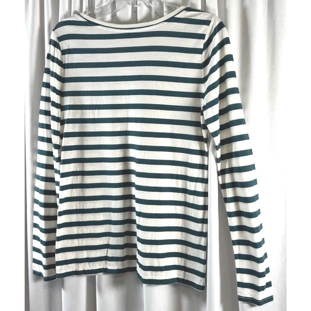 Ann Taylor LOFT Womens Green White Striped Scoop‎ Neck Long Sleeve Top Size M